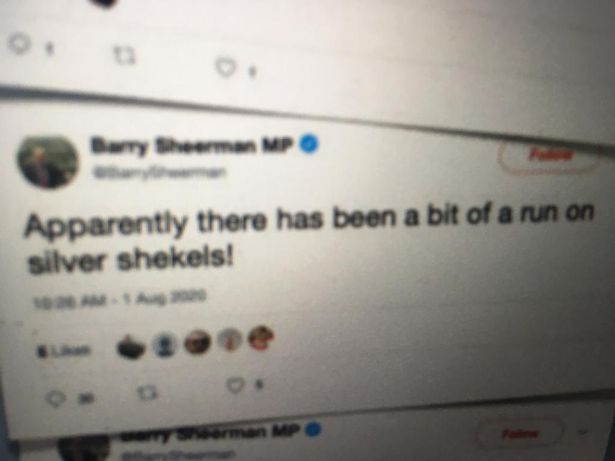 Tweet from Barry Sheerman MP: Apparently there has been a bit of a run on silver shekels!